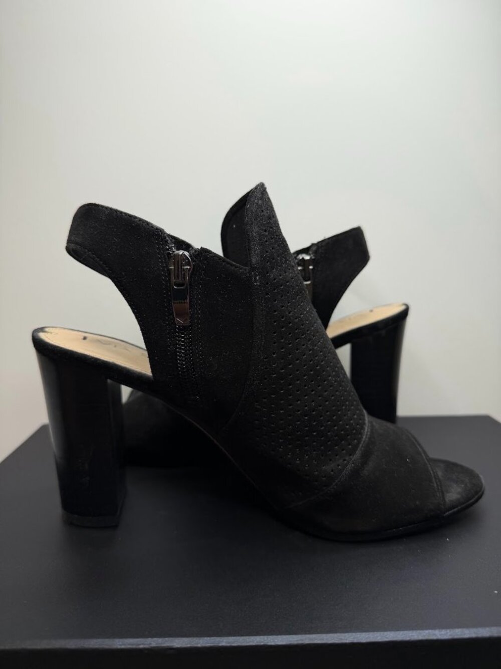 Via Spiga Black Perforated Suede Peep Toe Block Heel Booties
